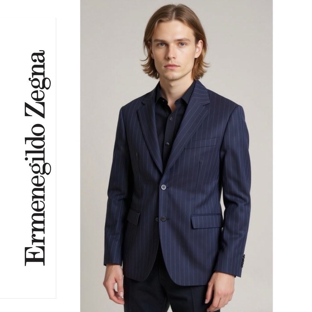 Ermenegildo Zegna Dark Navy Blue Pinstripe Blazer Size 44R